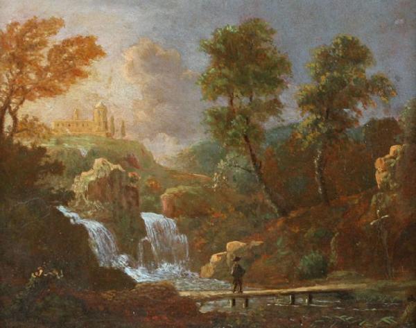 Willem van Bemmel Landschap figuur op een brug bij een waterval oil painting image